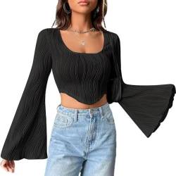 QKEPCY Langarmshirt Slim Fit Damen Y2K Ausgestellte Ärmel Oberteile Langarm Shirts Rundhals Crop Tops Casual Athletisches Top Teenager Streetwear(S) von QKEPCY