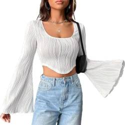 QKEPCY Langarmshirt Slim Fit Damen Y7K Ausgestellte Ärmel Oberteile Langarm Shirts Rundhals Crop Tops Casual Athletisches Top Teenager Streetwear(M) von QKEPCY