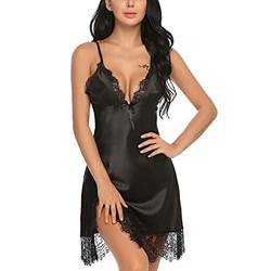 QKEPCY Negligee Damen Sexy Babydoll Kurz Satin Nachthemd mit Spitzen V-Ausschnitt Seitliche Trennung Nachtkleid Sommer Nachtwäsche Frau Sleepwear mit Verstellbare Träger (Schwarz XL) von QKEPCY