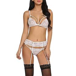 QKEPCY Sexy Body Dessous Damen Spitzen Reizwäsche Set Erotisch BH und Höschens Set Halfter Unterwäsche Set Frauen V-Ausschnitt Dessous Panty Lingerie Set Lingerie Nightwear Bodysuits (Weiß, M) von QKEPCY