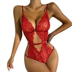 QKEPCY Sexy Dessous Damen Reizwäsche Body Rückenfrei Spitze Bodysuit Unterwäsche Strapsen Negligee V-Ausschnitt Babydoll Lingerie Erotic Nachtwäsche (Rot L) von QKEPCY