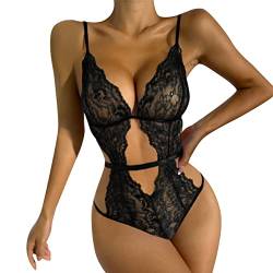 QKEPCY Sexy Dessous Damen Reizwäsche Body Rückenfrei Spitze Bodysuit Unterwäsche Strapsen Negligee V-Ausschnitt Babydoll Lingerie Erotic Nachtwäsche (Schwarz L) von QKEPCY