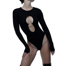 QKEPCY Sexy Langarm-Bodysuit mit Ausschnitt vorne für Frauen, Damen Bodies Elegant Sexy Body Rundhalsausschnitt Langarm Bodysuits, Bequemes T-Shirt, Einteiliger Bodysuit (Schwarz M) von QKEPCY