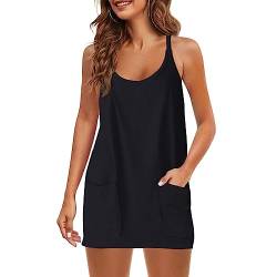 QKEPCY Sommerkleid Damen Ärmellos Kleider V-Ausschnitt Midikleid Kurzarm A-Linie Kleid Lockeres Kurze Strandkleid Mit Taschen (Schwarz M) von QKEPCY