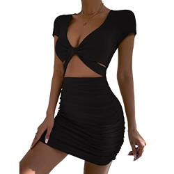 QKEPCY Sommerkleid Damen Cut Outs Figurbetontes Kleid Frauen Sexy Fest V Ausschnitt Kurze Ärmel Bodycon Kleid Bodycon Kleid Kurz Hollow Out Tight Club Kleid (Schwarz XXL) von QKEPCY