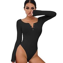 QKEPCY body damen Langarm Rundhals Bodysuit Tops Damenbody Elegant mit Knöpfen Gerippt Oberteil Bodies Unterziehbody und Verschluss im Schritt für Frauen (Schwarz, L) von QKEPCY