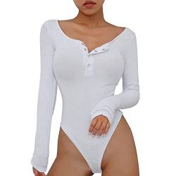 QKEPCY body damen Langarm Rundhals Bodysuit Tops Damenbody Elegant mit Knöpfen Gerippt Oberteil Bodies Unterziehbody und Verschluss im Schritt für Frauen (Weiß, L) von QKEPCY