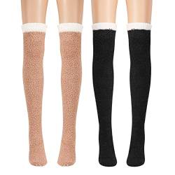 QKURT 2 Paar Flauschige Kniestrümpfe Oberschenkel hohe Socken Overknee Socken Damen Mädchen Korallenfleece Warmer Strumpf für den Winter von QKURT