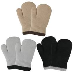 QKURT 3 Paar Verdickte Strickfäustlinge für Kleinkinder Einfarbige Thermo-Winter-Babyhandschuhe Dicke Fleece-Innenstrick-Vollfinger-Outdoor-Handschuhe für Jungen und Mädchen im Alter von 1–3 Jahren von QKURT