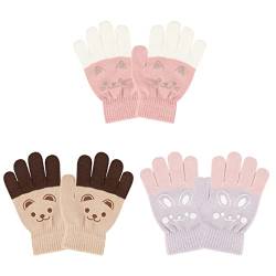 QKURT 3 Paare Kinder Winterhandschuhe Vollfinger Strickhandschuhe Warme Stretch Fahrradhandschuhe für Mädchen Jungen, 4-9 Jahre Alt von QKURT