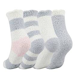 QKURT 4 Paar Kuschelsocken, Stoppersocken mit noppen Damen Socken Winter Kuschelsocken Warme Flauschig Haussocken Dicke Socken für Frauen und Mädchen von QKURT