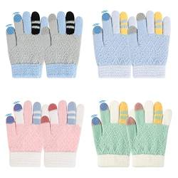 QKURT 4 Paare Kinder Winterhandschuhe Vollfinger Strickhandschuhe Warme Touchscreen Thermo Handschuhe für Mädchen Jungen, 5-12 Jahre Alt von QKURT