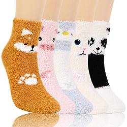 QKURT 5 Paar Tier Flauschige Socken, Tier Flauschige Socken, Neuheit Lustige süße Tier Kuschelsocken Superweiche Mikrofaser Gemütliche Schlafsocken für Zuhause und Schlaf von QKURT