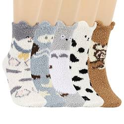 QKURT 5 Paar flauschige Damensocken, Korallen-Fleece-Socken, atmungsaktive Socken, Tiersocken, bequeme Bettsocken, weiche Hausschuhe, Winter-Fuzzy-Socken, warme, gemütliche Socken von QKURT