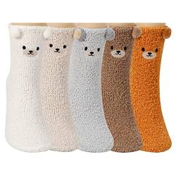 QKURT 5 Paar flauschige Socken Coral Fleece Winter Weiche Schlafsocken Cartoon Bärenohren Hausschuhe Socken Thermische Bettsocken für Mädchen, Frauen von QKURT