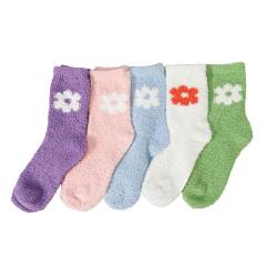 QKURT 5 Paar flauschige Socken für Damen, Warme gemütliche Socken mit Blumenmuster, Weiche Flauschige Socken, Schlafsocken, Weihnachtsstrumpffüller für Damen und Mädchen von QKURT