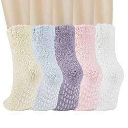 QKURT 5 Paar flauschige Socken für Damen und Mädchen, Thermosocken für den Winter, Weiche Fleecesocken, Rutschfeste Sockenpantoffeln, Weihnachtsstrumpffüller zum Schlafen zu Hause von QKURT