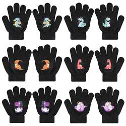 QKURT 6 Paar Magische Handschuhe für Kinder, Winterthermische Handschuhe Vollfinger Kinderhandschuhe Dinosaurier/Baggermuster für Jungen Mädchen von QKURT