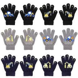 QKURT 6 Paar Magische Handschuhe für Kinder, Winterthermische Handschuhe Vollfinger Kinderhandschuhe Dinosaurier/Baggermuster für Jungen Mädchen von QKURT