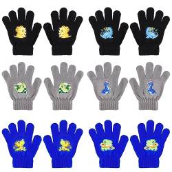 QKURT 6 Paar magische Kinderhandschuhe, Unisex-Winter-Strickhandschuhe dehnbare Vollfinger-Kinder-Fäustlinge Geburtstags- und Weihnachtshandschuhe mit Dinosaurier-Muster für 5–12 Jahre von QKURT