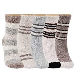 QKURT Flauschige Herrensocken, 5 Paar verdickte Korallen-Fleece-Socken Winter-Thermosocken Bodensocken Bettsocken mit klassischen Streifen für Damen und Herren von QKURT