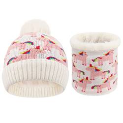 QKURT Kinder Winter Beanie Snood Set, Kinder Strickmütze mit Einhorn-Muster Halswärmer mit dickem Fleece Kleinkind Winter-Accessoires Sets geeignet für 2-6 Jahre alt von QKURT