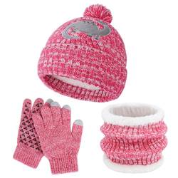 QKURT Kinder-Wintermütze, Snood-Handschuhe-Set 3-in-1 Verdickende Weiche Thermo-Strickmütze mit Dinosaurier-Muster Halswärmer Magische Handschuhe, Zubehör-Sets für Jungen und Mädchen von QKURT