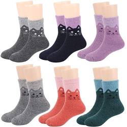 QKURT Kinder Wintersocken, 6 Paar Kinder Wollsocken Warme thermisch dicke Baumwolle Winter Crew Socken Neuheit Süße Katzensocken für 1~12 Jahre alte Jungen Mädchen von QKURT