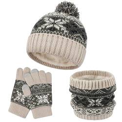 QKURT Wintermützen-Set für Kinder, Snood-Handschuhe, 3-in-1 Verdickende Weiche Thermo-Strickmütze mit Bommel Nackenwärmer Magische Handschuhe Zubehör-Sets für Jungen und Mädchen von QKURT