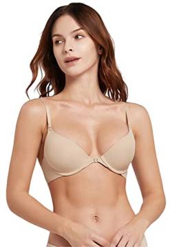 QLEVAK BH Damen Push Up Vorderverschluss Gepolstert BH Vorne Zum Schließen Eleganter Push-up-Bügel-BH Balconette Bra Sexy BHS,Beige,80D von QLEVAK