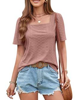 QLEVAK Damen Bluse Hemd Eckigem Ausschnitt Elegant Kurzärmel Mesh Kurzarm Atmungsaktiv Dame Blusen Sommer Tops Oberteile,Rosa,M von QLEVAK