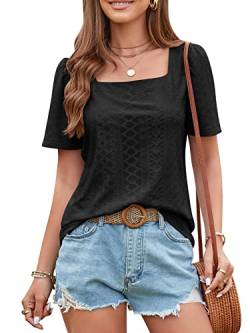 QLEVAK Damen Bluse Hemd Eckigem Ausschnitt Elegant Kurzärmel Mesh Kurzarm Atmungsaktiv Dame Blusen Sommer Tops Oberteile,Schwarz,S von QLEVAK