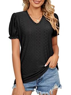 QLEVAK Damen Bluse Spitzen Hemd V Ausschnitt Elegant Kurzärmel Rüschenbluse Kurzarm Atmungsaktiv Dame Blusen Sommer Tops Oberteile,Schwarz,S von QLEVAK