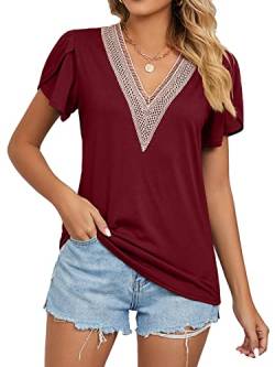 QLEVAK Damen V-Ausschnitt Hemd Sommer Spitze Spitzen Rüschen Kurzarm Atmungsaktiv Tunika Blusen Einfarbig Elegant Basic T-Shirt,Rot,L von QLEVAK