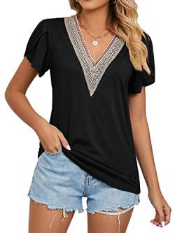 QLEVAK Damen V-Ausschnitt Hemd Sommer Spitze Spitzen Rüschen Kurzarm Atmungsaktiv Tunika Blusen Einfarbig Elegant Basic T-Shirt,Schwarz,L von QLEVAK