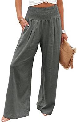QLXDSD Baumwoll-Leinen-Hose für Damen, hohe Taille, lockere Palazzo-Lounge-Hose, weites Bein, gesmokte Taillenhose mit Taschen (Color : Gray, Size : XL) von QLXDSD