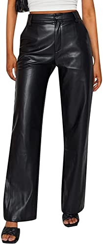 QLXDSD Damen Lederhose Stretch High Waist Lederoptik Gerade Hosen Breites Bein Hosen Bootcut Schlaghose Klassische Kunstlederhose Leggings Arbeitshose Bikerhose (Color : Black, Size : XXL) von QLXDSD