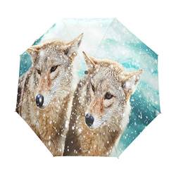 QMIN Faltbarer Regenschirm mit Wolf-Motiv, Winter, Schnee, winddicht, UV-Schutz, Reisen, kompakter Regenschirm für Damen, Herren, Mädchen von QMIN