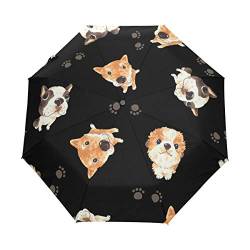 QMIN Faltbarer Regenschirm mit niedlichem Hundemotiv, winddicht, UV-Schutz, kompakt, Regenschirm, für Damen, Herren, Mädchen von QMIN