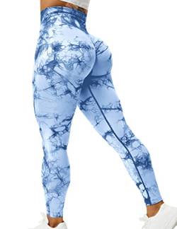 QOQ Damen-Leggings mit hoher Taille, nahtlos, für Workout, Gesäßheben, Fitnessstudio, Yoga, Booty, Scrunch, vitale Bauchkontrolle, gerüschte Strumpfhose, #0 Batik-Haargummi, Hellblau, XX-Large von QOQ