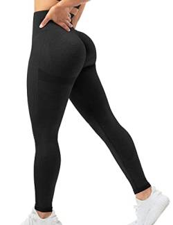 QOQ Damen-Leggings mit hoher Taille, nahtlos, für Workout, Gesäßheben, Fitnessstudio, Yoga, Booty, Scrunch, vitale Bauchkontrolle, gerüschte Strumpfhose, #1 Schwarz, XX-Large von QOQ