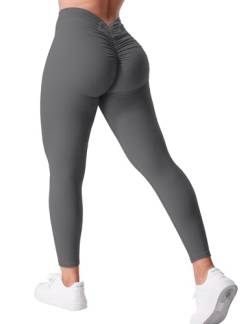 QOQ Leggings mit V-Ausschnitt für Damen, Scrunch Butt Lifting Workout Leggings Hohe Taille Gym Booty Strumpfhose, #0 Grau, X-Klein von QOQ