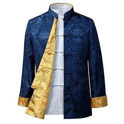 QPZK Kung Fu Jacke Beidseitig tragen Kleidung Herren Stickerei Tang Anzug Herren Hanfu Mantel Traditionelle chinesische Kleidung Baumwolle Leinen Tai Chi Kleidung Kampfsport Kleidung Lang Blau 1-S von QPZK