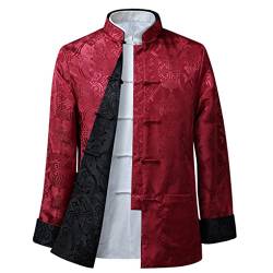 QPZK Kung Fu Jacke Beidseitig tragen Kleidung Herren Stickerei Tang Anzug Herren Hanfu Mantel Traditionelle chinesische Kleidung Baumwolle Leinen Tai Chi Kleidung Kampfsport Kleidung Lang Rot 1-3XL von QPZK