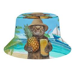 QQIAEJIA Neuheit Hawaii-Katze am Strand Bucket Hüte Unisex Strand Reise Hut Outdoor Angeln Kappe für Damen Herren, Hawaiikatze mit Ananas, One size von QQIAEJIA