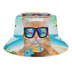 QQIAEJIA Neuheit Hawaii-Katze am Strand Bucket Hüte Unisex Strand Reise Hut Outdoor Angeln Kappe für Damen Herren, Hawaiikatze mit Brille, One size von QQIAEJIA