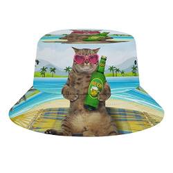 QQIAEJIA Neuheit Hawaii-Katze am Strand Bucket Hüte Unisex Strand Reise Hut Outdoor Angeln Kappe für Damen Herren, Lustige hawaiianische Katze mit Bier, One size von QQIAEJIA
