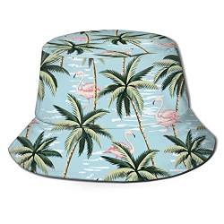 QQIAEJIA Tropical Vintage Pink Flamingo und Palmen Bucket Hat verstaubar Sommer Strand Sonnenhut Fischermütze Einheitsgröße, Siehe Abbildung, One size von QQIAEJIA