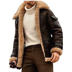 QQKKZX 2023 neue herren kamel stilvolle fliegende lederjacke, b3 bomberjacke, herren winter warme fleece revers jacke motorrad leder vintage mantel (Color : Dark Brown, Size : 3XL) von QQKKZX