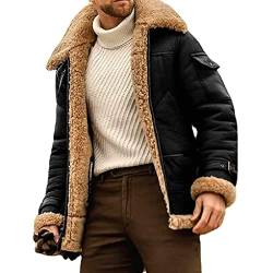 QQKKZX 2023 neue herren kamel stilvolle fliegende lederjacke, b3 bomberjacke, herren winter warme fleece revers jacke motorrad leder vintage mantel (Color : Noir, Size : 5XL) von QQKKZX